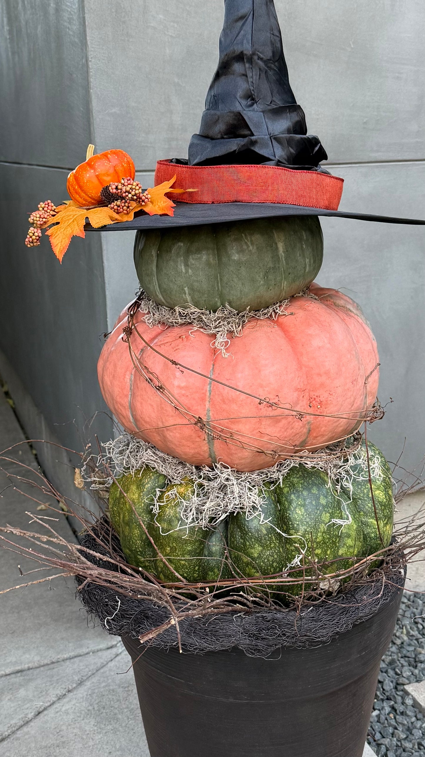 Witchy Stacked Pumpkins with Twiggy Grapevine Wreath