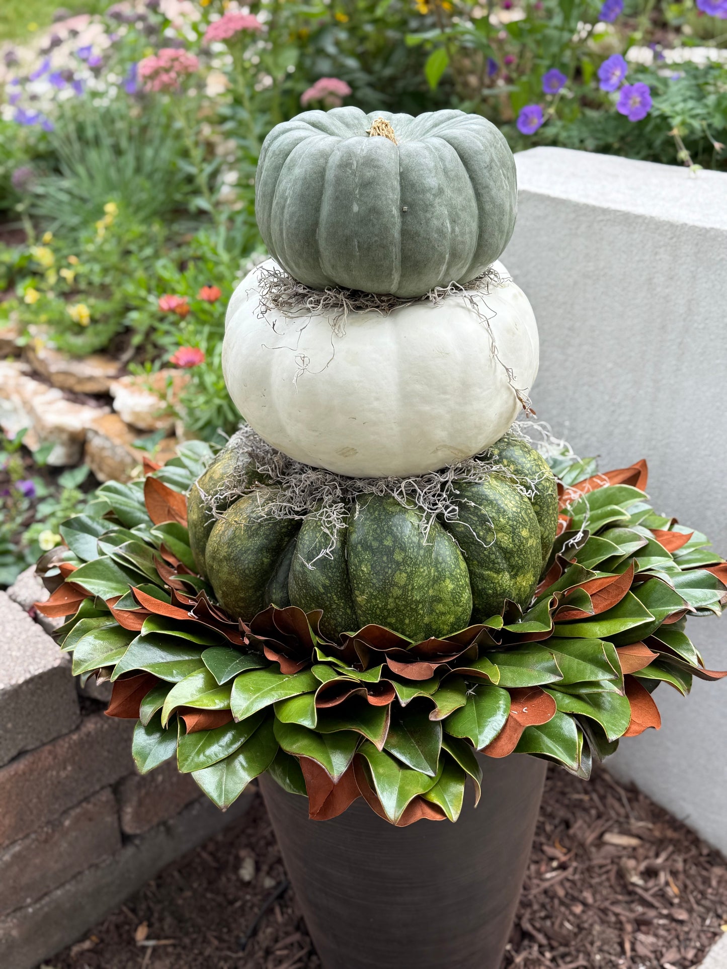 Stacked Pumpkins with Magnolia Wreath