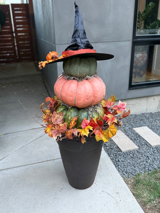Witchy Stacked Pumpkins with Twiggy Grapevine Wreath
