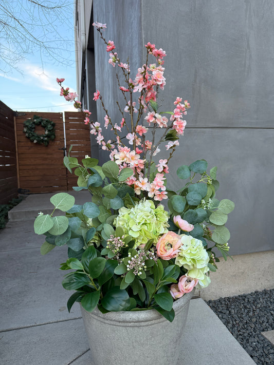 Coral Pink and Green Spring Drop-In Arrangement